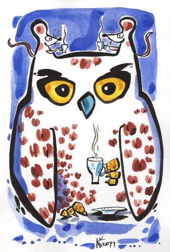 Cartoon: NIGHT OWL - COFFEE OWL (medium) by Kestutis tagged peace,frieden,coffee,eule,owl,maus,night,happy,new,year