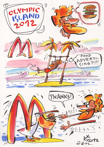 Cartoon: OLYMPIC ISLAND. Advertising (medium) by Kestutis tagged sport,lithuania,siaulytis,kestutis,thanks,food,ocean,palm,desert,island,olympic,strip,comics,comic,insel,summer,2012,london,advertising,hamburger