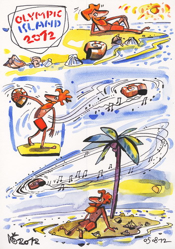 Cartoon: OLYMPIC ISLAND. Discus throw (medium) by Kestutis tagged discus,throw,olympic,island,desert,london,2012,summer,kestutis,siaulytis,lithuania,sun,palm,ocean,comic,comics,strip,music,disc,myron,discobolus,mussel