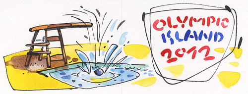 Cartoon: OLYMPIC ISLAND. Diving (medium) by Kestutis tagged lithuania,siaulytis,kestutis,sport,romance,insel,water,pool,billiards,summer,2012,london,island,olympic,diving,comic,comics,strip,ocean,palm
