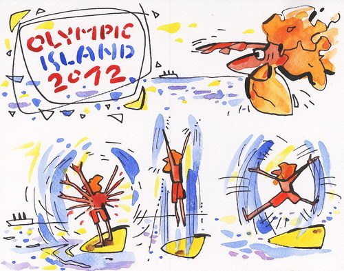 Cartoon: OLYMPIC ISLAND. Gymnastics (medium) by Kestutis tagged athletics,insel,comics,comic,penguin,palm,ocean,lithuania,siaulytis,kestutis,desert,sport,tourists,summer,2012,london,island,olympic,vogel,bird,gymnastics,strip,iceberg