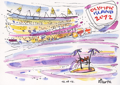 Cartoon: OLYMPIC ISLAND. High jump (medium) by Kestutis tagged high,jump,olympic,island,mirage,london,2012,summer,sport,desert,siaulytis,kestutis,lithuania,ocean,athletics,audience,fans,stadium