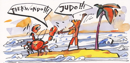 Cartoon: OLYMPIC ISLAND. Taekwondo (medium) by Kestutis tagged palm,strip,comics,comic,banjo,judo,lithuania,siaulytis,kestutis,animals,nature,desert,summer,23012,london,island,dog,prairie,dance,music,olympic,taekwondo,crab,ocean