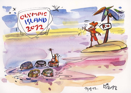 Cartoon: OLYMPIC ISLAND. Travel (medium) by Kestutis tagged travel,olympic,island,london,2012,sport,summer,desert,rio,de,janeiro,2016,brazilia,kestutis,siaulytis,lithuania,palm,ocean