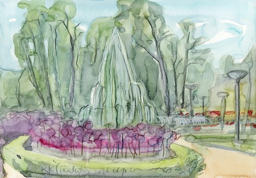Cartoon: Park fountain (medium) by Kestutis tagged watercolor,summer,art,kunst,kestutis,lithuania