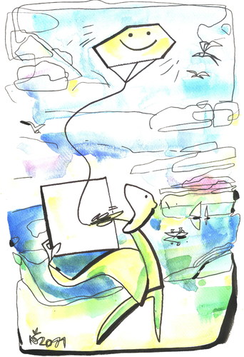 Cartoon: PLEIN AIR (medium) by Kestutis tagged space,landscape,artist,kunstler,drachen,kite,pleinair