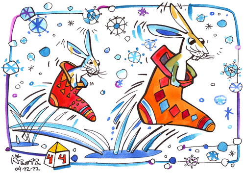 Cartoon: Racing to Santa Claus (medium) by Kestutis tagged christmas,weihnachten,hase,hare,schneeflocken,snowflakes,lithuania,kestutis,claus,santa,racing