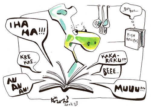 Cartoon: RECIPE BOOKS (medium) by Kestutis tagged kestutis,cook,kitchen,sheep,horse,buch,turtle,cows,akandal,scandal,pferdefleisch,europe,eu,fleisch,meat,fish,food,book,recipe