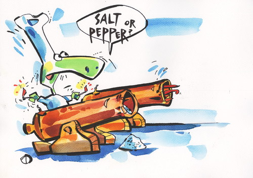 Cartoon: SALT OR PEPPER? (medium) by Kestutis tagged chef,adventure,kitchen,comic,strip,cannon,spices,food,salt,turtle,pirate,peper,kestutis,siaulytis,lithuania