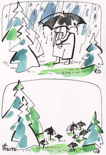 Cartoon: SIMBIOSIS (medium) by Kestutis tagged mushrooms,lithuania,kestutis,sommer,nature,pilze,umbrella,regen,rain,symbiosis,forest,wald,regenschirm