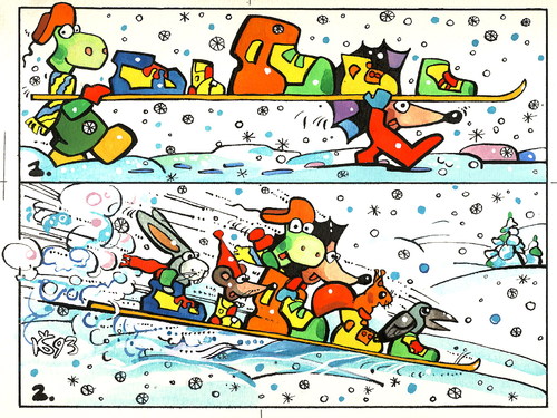 Cartoon: Skiing (medium) by Kestutis tagged hedgehog,tortoise,kestutis,siaulytis,lithuania,adventure,nature,animal,comic,strip,skiing,winter,snow,schnee