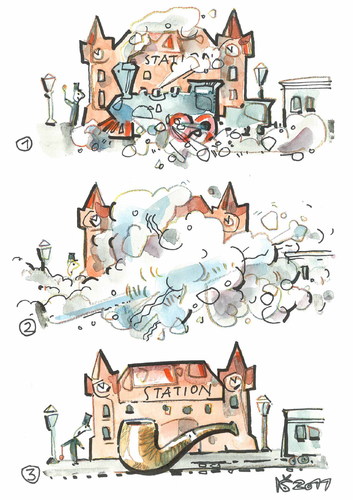 Cartoon: TRAIN STATION (medium) by Kestutis tagged art,pipe,magritte,station,train,rene,kunst
