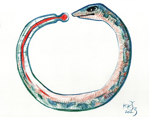 Cartoon: Uroboros (medium) by Kestutis tagged uroboros,climate,change,thermometer,iconography,kestutis,lithuania,alchemy,magic,symbol,mysticism,snake