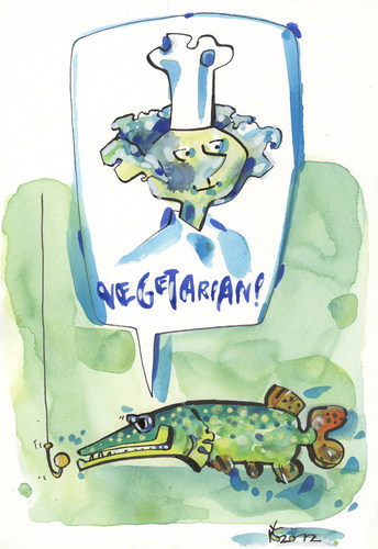 Cartoon: VEGETARIAN! (medium) by Kestutis tagged anglling,angler,fish,pike,vegetarian,baits,cook,cabbage,kohl,view