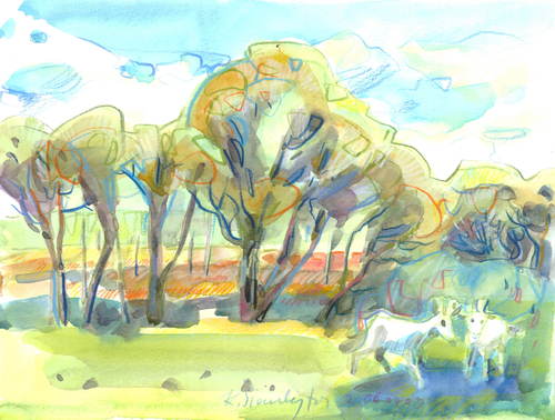 Cartoon: VILLAGE IDYLL. ZIEGE (medium) by Kestutis tagged ziege,kestutis,lithuania,village,idyll,sketch,watercolors,ländliche,idylle