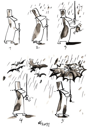 Cartoon: WALKING IN THE RAIN (medium) by Kestutis tagged bat,rain,natura,happeninig,umbrella