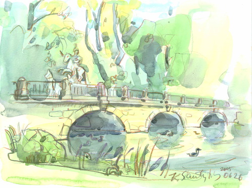 Cartoon: WARSAW. Lazienki Park (medium) by Kestutis tagged monument,king,warsaw,park,watercolor,aquarell,poland