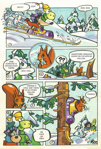 Cartoon: Winter. Accident in the forest (medium) by Kestutis tagged hedgehog,turtoise,adventure,lithuania,siaulytis,kestutis,education,kinder,children,kids,child,kind,comic,strip,squirrel,accident,forest,winter