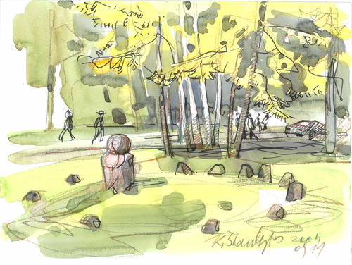 Cartoon: DRUSKININKAI RESORT. LITHUANIA (medium) by Kestutis tagged summer,druskininkai,lithuania,kestutis,museum,artist,watercolor,sketch,resort,river,skulpture