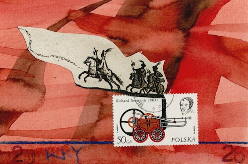 Cartoon: Endless journey (medium) by Kestutis tagged dada,postcard,art,locomotive,horse,rider,kestutis,lithuania,kunst,stamp,journey