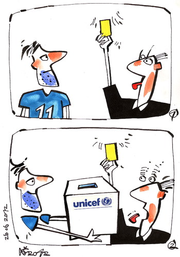 Cartoon: FOOTBALL. YELLOW CARD (medium) by Kestutis tagged sport,fußball,fussball,soccer,children,nations,united,postcard,comic,strip,unicef,un,funds,card,yellow,referee