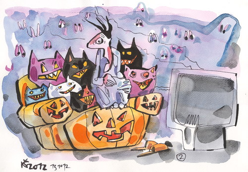 Cartoon: HOME ALONE or... (medium) by Kestutis tagged kestutis,europe,happening,pumpkin,tv,television,halloween,home,alone,siaulytis,lithuania,adventure