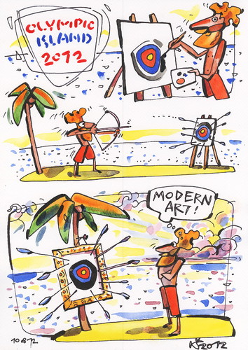 Cartoon: OLYMPIC ISLAND. Archery (medium) by Kestutis tagged künstler,insel,artist,strip,comic,comics,ocean,palm,lithuania,siaulytis,kestutis,summer,2012,london,art,modern,desert,island,olympic,archery,target