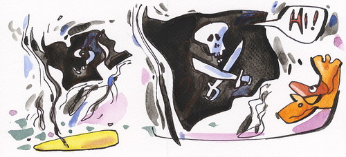 Cartoon: OLYMPIC ISLAND. Fencing (medium) by Kestutis tagged sword,skull,flag,fight,anchor,lithuania,siaulytis,kestutis,hope,fortius,citius,altius,sport,desert,summer,2012,london,island,olympic,pirate,strip,comic,comics,fencing,smoke