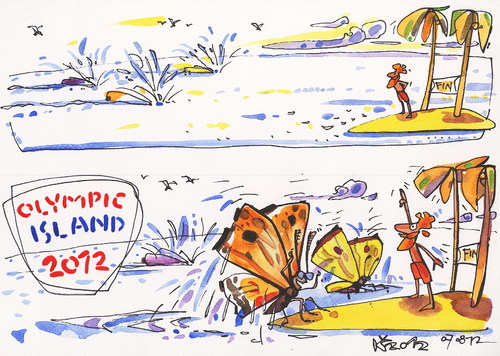 Cartoon: OLYMPIC ISLAND. Swimming (medium) by Kestutis tagged butterfly,comics,comic,desera,ocean,palm,lithuania,siaulytis,kestutis,finish,sport,summer,2012,london,insel,island,olympic,swimming,strip