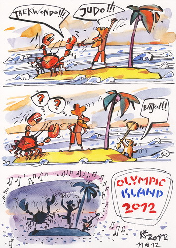 Cartoon: OLYMPIC ISLAND. Taekwondo (medium) by Kestutis tagged palm,strip,comics,comic,banjo,judo,lithuania,siaulytis,kestutis,animals,nature,desert,summer,23012,london,island,dog,prairie,dance,music,olympic,taekwondo,crab,ocean