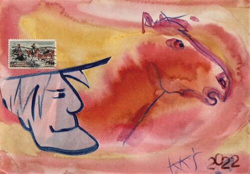 Cartoon: Painter Russell Western (medium) by Kestutis tagged dada,bigpostcard,postcard,cowboy,philately,kestutis,lithuania,horse,america,artist,western,art,kunst,painter