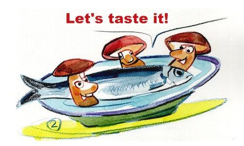 Cartoon: Recipe. Herring with boletus (medium) by Kestutis tagged recipe,herring,kestutis,lithuania,mushroom,fish,dinner