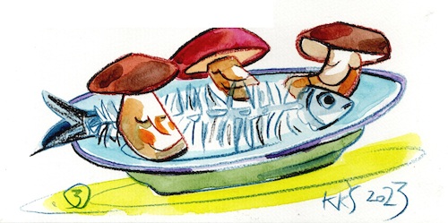 Cartoon: Recipe. Herring with boletus (medium) by Kestutis tagged recipe,herring,kestutis,lithuania,mushroom,fish,dinner