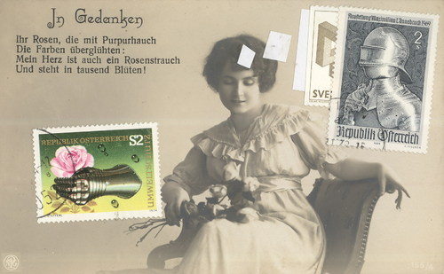 Cartoon: Romantic history (medium) by Kestutis tagged dada,postcard,knight,rose,man,woman,love,dream,romantic,history,kestutis,lithuania,postage,stamps,comic