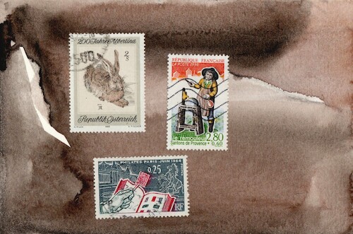 Cartoon: The postage stamps tell (medium) by Kestutis tagged postage,stamps,hare,albrecht,düre,dada,postcard,briefmarkestory,postmark,art,kunst,kestutis,lithuania