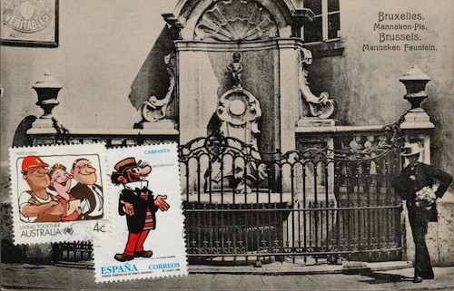 Cartoon: Tourist boom (medium) by Kestutis tagged postage,stamp,comic,postcard,tourist,boom,kestutis,lithuania,manneken,pis,belgium,brussels