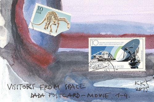 Cartoon: Visitors from Space. DADA Movie (medium) by Kestutis tagged space,visitors,dada,movie,film,postcard,aliens