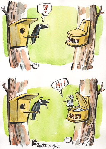 Cartoon: WHO IS THERE? (medium) by Kestutis tagged lithuania,siaulytis,kestutis,comic,strip,rätsel,enigma,bird,vogel,salz,salt