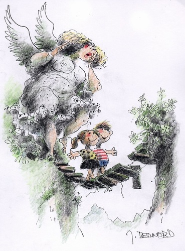 Cartoon: der Schutzengel (medium) by jiribernard tagged brücke,gebirge,frau,dicke,kinder,gefahr,schutzengel