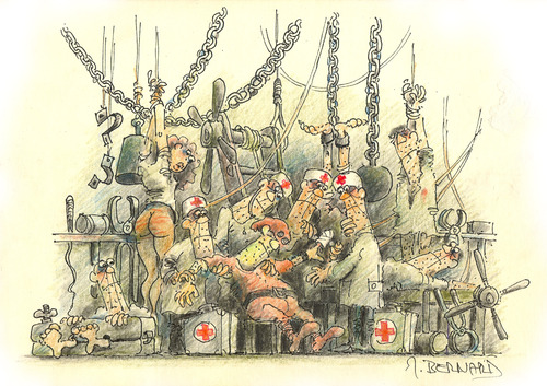 Cartoon: ohne Titel (medium) by jiribernard tagged äerzteteam,notversorgung,misgschick,notpflege,verarztung,notfall,erstehilfe,henker,folterkammer,unfall,verletzung