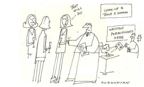 Cartoon: men  women . the usual. (medium) by ouzounian tagged license,permission,party,dating,groping,women,men