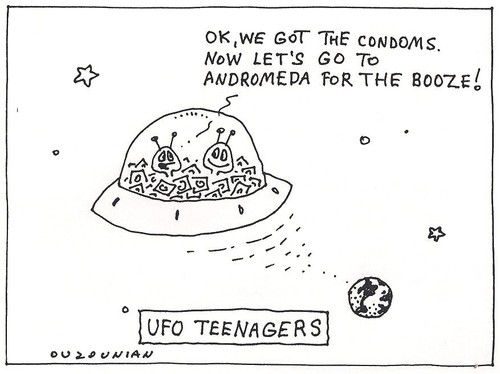 Cartoon: ufo (medium) by ouzounian tagged ufo,teenagers,condoms,booze,party,earth,universe