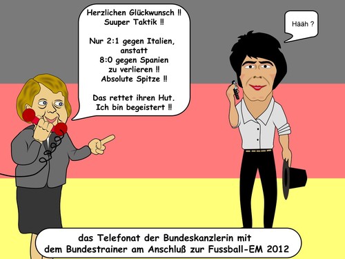 Cartoon: die Fans sind zufrieden (medium) by RiwiToons tagged fussbal,löw,kanzlerin,bundeskanzlerin,bundestrainer,fussball,europameisterschaft