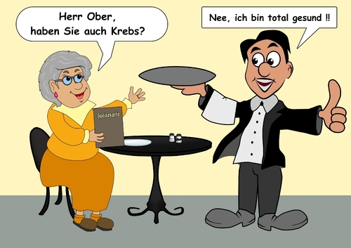 Cartoon: doppeldeutige Frage (medium) by RiwiToons tagged krebs,schalentier,delikatesse,krankheit,krebsgeschwür,gesundheit,restaurant,speisekarte,frage,harmlos,speisenangebot,krebsvorsorge,kellner,gaststätte,speise,gourmet,dame,kunde,gast