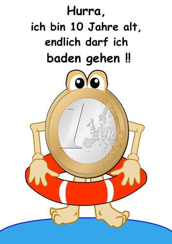 Cartoon: Euro in Badelaune (medium) by RiwiToons tagged euro,eurokrise,euromünze,baden,bademeister,schwimmring,rettungsring,währung,karikatur,schwimmbad,abwertung,verfall,währungskrise,europakrise,untergang,eurogeburtstag,geburtstag,geburtstagsfeier