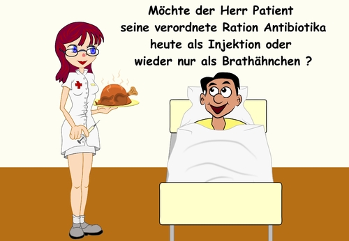 Cartoon: Gefahr im Hähnchenfleisch (medium) by RiwiToons tagged krankenschwester,sexy,patient,oberschwester,lehrschwester,krankenbett,krankheit,einlauf,injektion,genesung,speise,trank,zeitung,braten,geflügel,geflügelbraten,hähnchenbraten,gesundheitswesen,krankenkasse,hühnerzucht,antibiotika,fleisch,nahrungsmittel,gammelfleisch,hühnerfarm,tierzucht,krankheitsverlauf