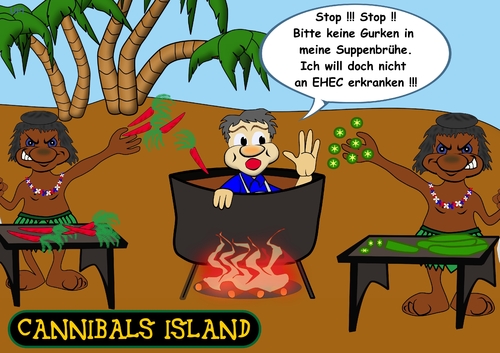 Cartoon: Gurken sind zur Zeit gefährlich (medium) by RiwiToons tagged opfer,kochfeuer,lagerfeuer,strand,palmen,feuer,kessel,suppe,kochen,krankheit,viren,bakterien,ehec,tomate,gurke,kannibale