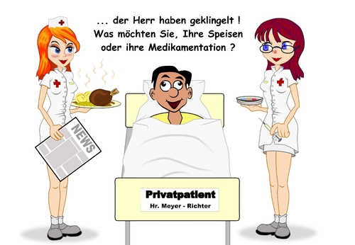 Cartoon: in der Privatklinik (medium) by RiwiToons tagged krankenschwester,sexy,patient,kassenpatient,privatpatient,kassenleistung,oberschwester,lehrschwester,krankenbett,krankheit,injektion,genesung,speise,trank,zeitung,braten,gesundheitswesen,krankenkasse,zweiklassengesellschaft,krankheitsverlauf