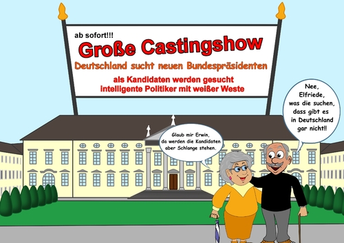 Cartoon: Nachfolgersorgen (medium) by RiwiToons tagged bundespräsident,wulff,castingshow,weiße,weste,schloss,bellevue,berlin,deutschland,politik,staatsmann,aushängeschild,korruption,amtsmißbrauch,bereicherung,respektsperson,regierung,regierungskrise,rücktritt