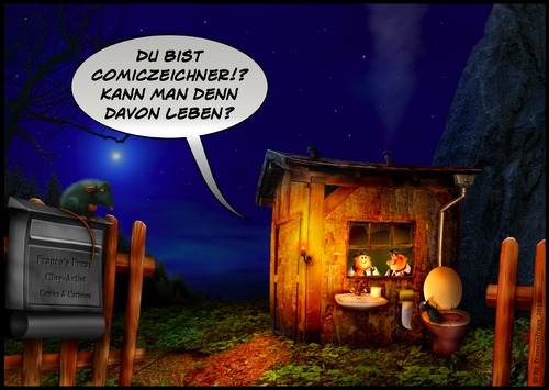 Cartoon: Comiczeichner (medium) by AlterEgon tagged cartoon,comic,comiczeichner,traumberuf,hütte,armut,einsamkeit,sozialhilfe,job,karriere